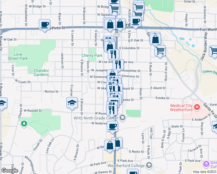 map of restaurants, bars, coffee shops, grocery stores, and more near 111 West Akard Street in Weatherford