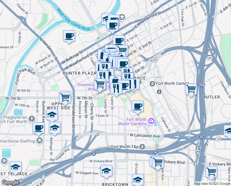 map of restaurants, bars, coffee shops, grocery stores, and more near 307-309 West 7th Street in Fort Worth