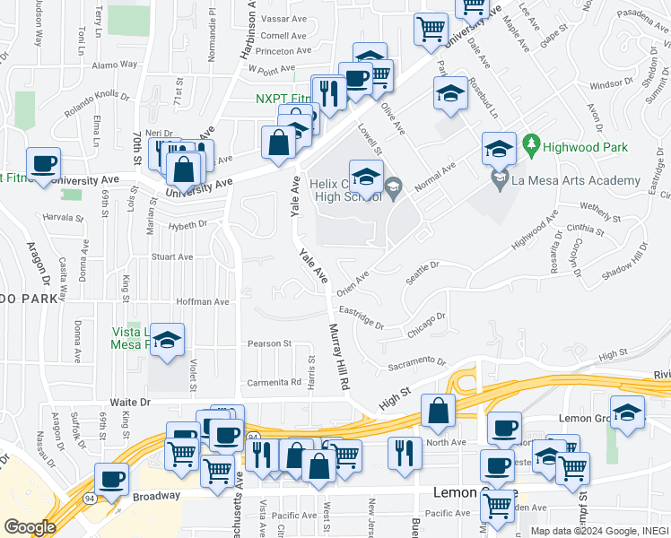 map of restaurants, bars, coffee shops, grocery stores, and more near 4028 Apore Street in La Mesa