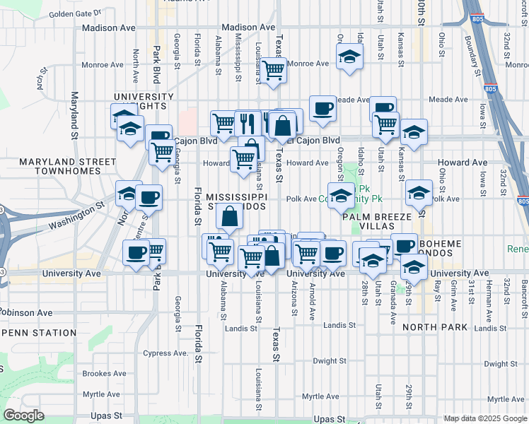 map of restaurants, bars, coffee shops, grocery stores, and more near 4065 Louisiana Street in San Diego