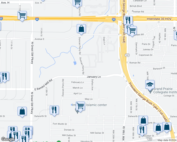 map of restaurants, bars, coffee shops, grocery stores, and more near 2349 Homewood Lane in Grand Prairie
