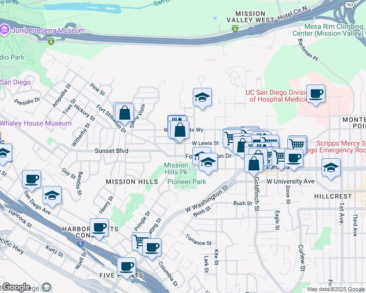 map of restaurants, bars, coffee shops, grocery stores, and more near 1605 West Lewis Street in San Diego