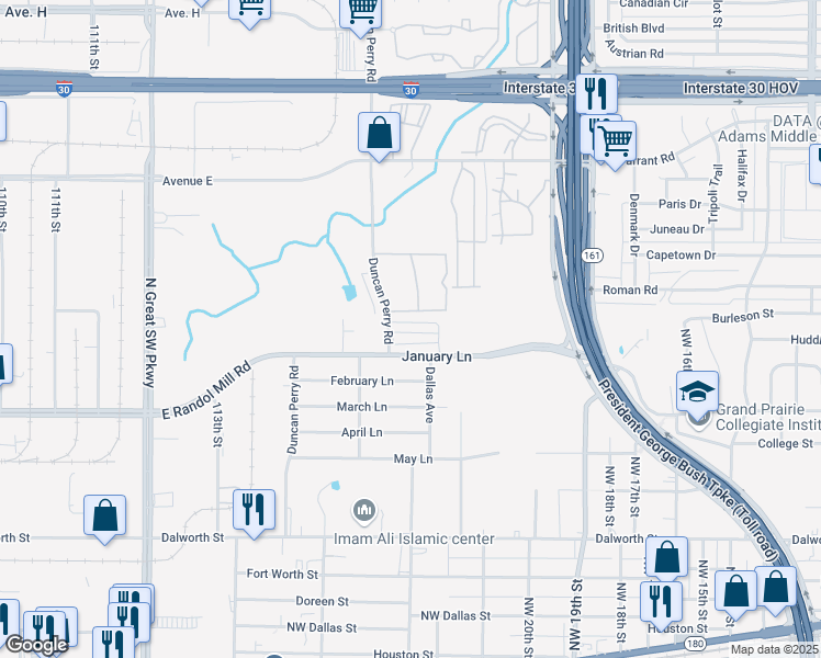 map of restaurants, bars, coffee shops, grocery stores, and more near 2353 Homewood Lane in Grand Prairie