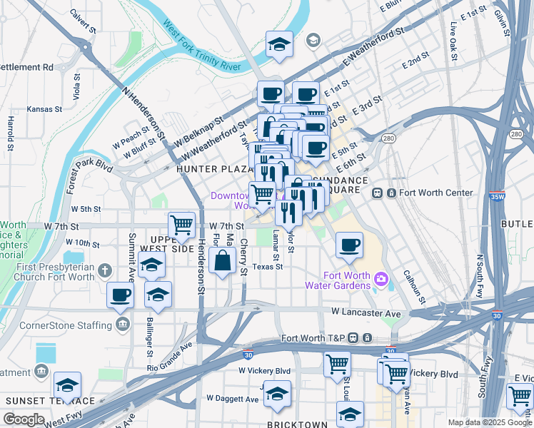 map of restaurants, bars, coffee shops, grocery stores, and more near 501 West 6th Street in Fort Worth