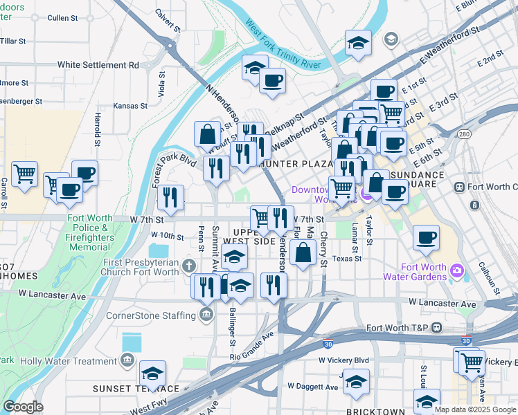 map of restaurants, bars, coffee shops, grocery stores, and more near 1204B West 7th Street in Fort Worth