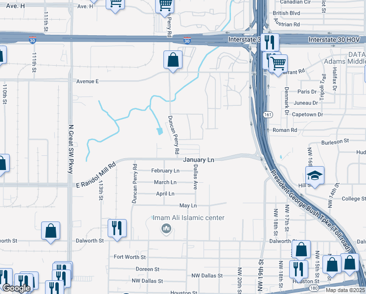 map of restaurants, bars, coffee shops, grocery stores, and more near 2373 Homewood Lane in Grand Prairie