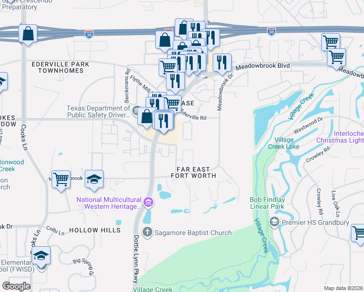 map of restaurants, bars, coffee shops, grocery stores, and more near 8362 Ranch Lane in Fort Worth