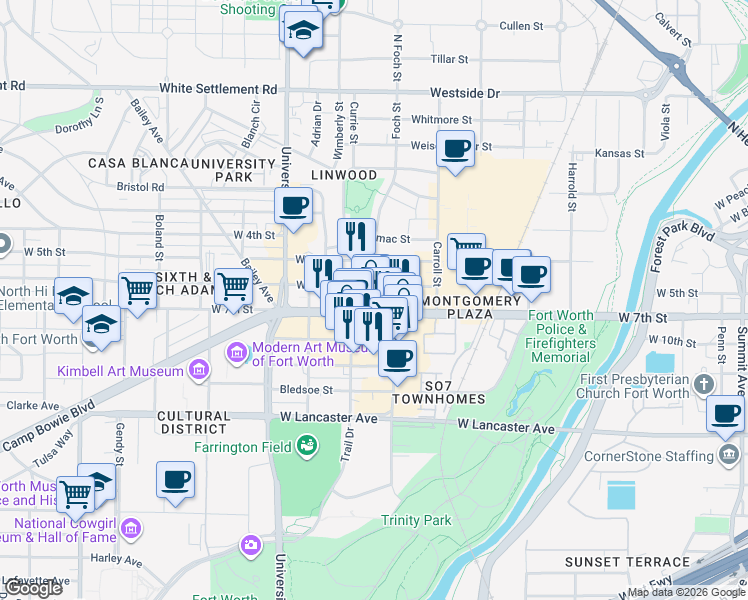 map of restaurants, bars, coffee shops, grocery stores, and more near 2837 West 7th Street in Fort Worth