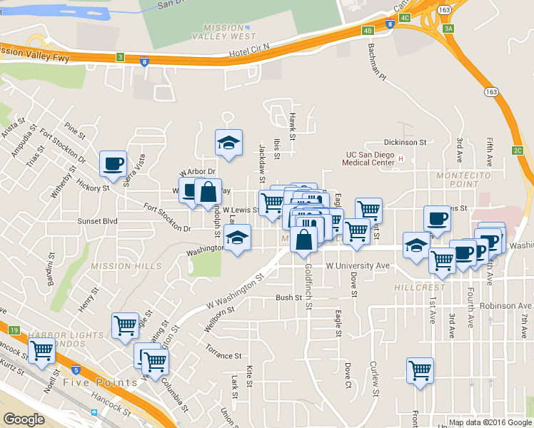 map of restaurants, bars, coffee shops, grocery stores, and more near 4095 Jackdaw Street in San Diego