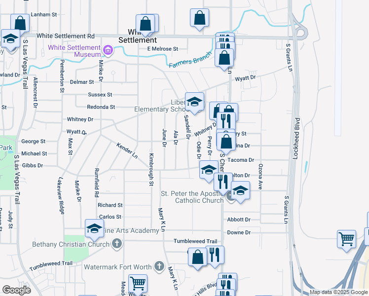 map of restaurants, bars, coffee shops, grocery stores, and more near 816 Sandell Drive in White Settlement