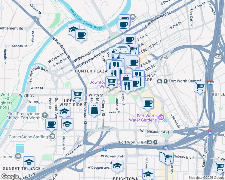 map of restaurants, bars, coffee shops, grocery stores, and more near 501 West 6th Street in Fort Worth