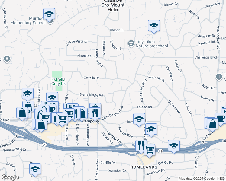 map of restaurants, bars, coffee shops, grocery stores, and more near 10142 Sierra Madre Road in Spring Valley