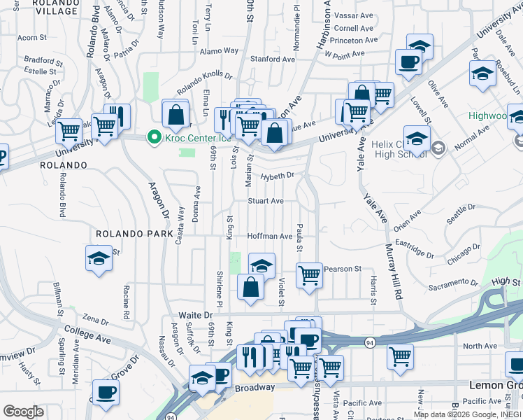 map of restaurants, bars, coffee shops, grocery stores, and more near 4026 Charles Street in La Mesa