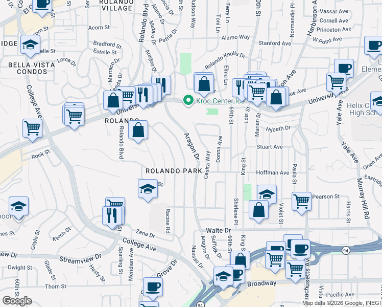 map of restaurants, bars, coffee shops, grocery stores, and more near 4022 Aragon Drive in San Diego