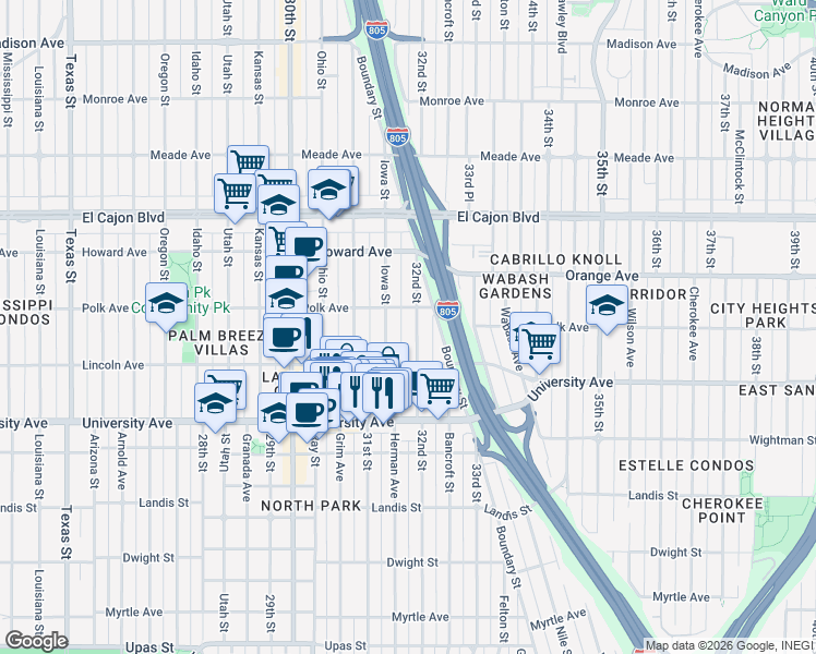 map of restaurants, bars, coffee shops, grocery stores, and more near 4033 Iowa Street in San Diego