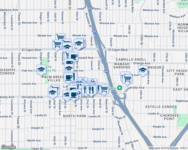 map of restaurants, bars, coffee shops, grocery stores, and more near 4033 Iowa Street in San Diego