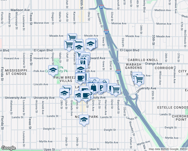 map of restaurants, bars, coffee shops, grocery stores, and more near 4031 Illinois Street in San Diego