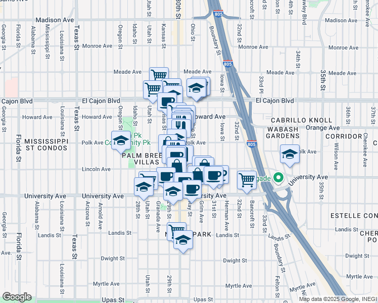 map of restaurants, bars, coffee shops, grocery stores, and more near in San Diego