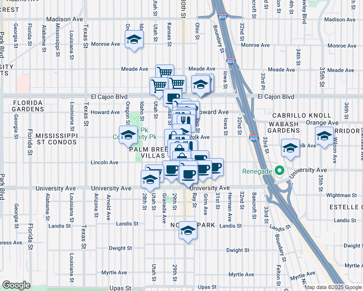 map of restaurants, bars, coffee shops, grocery stores, and more near 4034 30th Street in San Diego