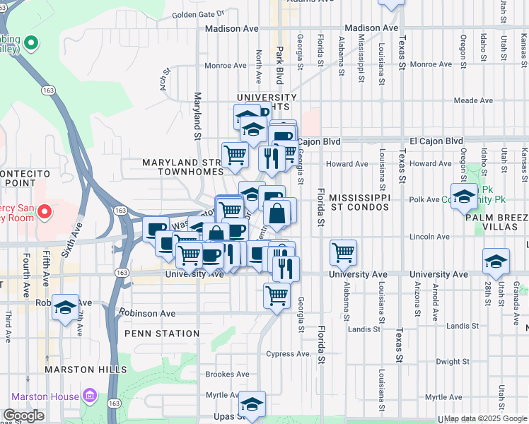 map of restaurants, bars, coffee shops, grocery stores, and more near 4018 Centre Street in San Diego