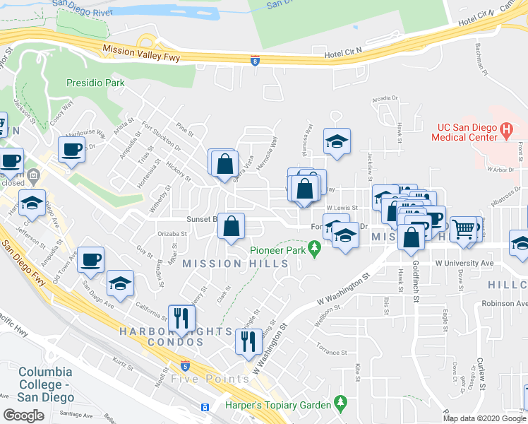 map of restaurants, bars, coffee shops, grocery stores, and more near 1773 Sunset Boulevard in San Diego