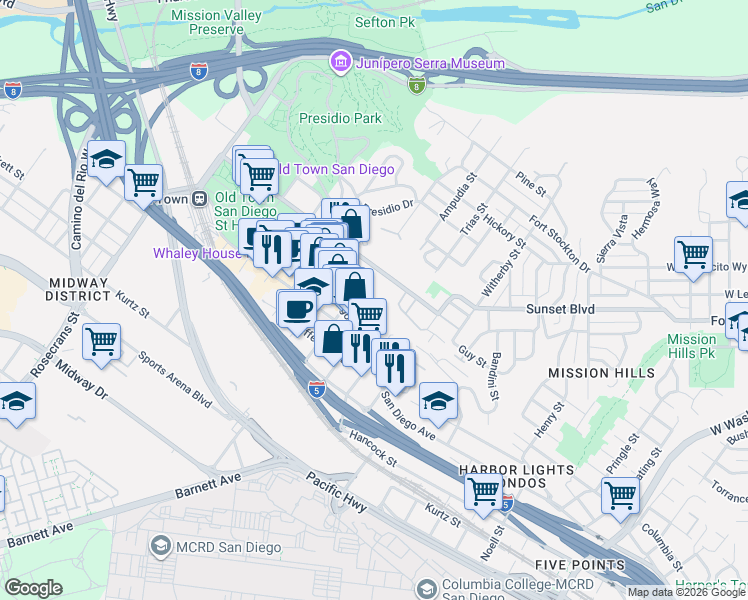 map of restaurants, bars, coffee shops, grocery stores, and more near 3990 Ampudia Street in San Diego