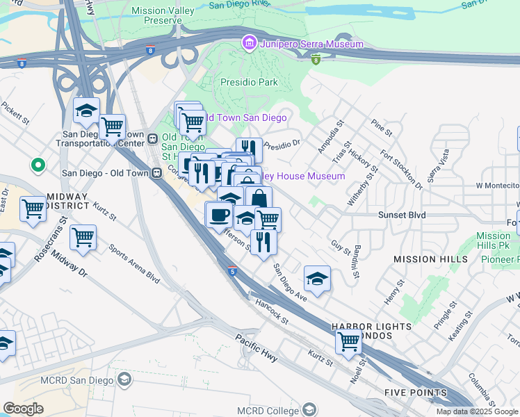 map of restaurants, bars, coffee shops, grocery stores, and more near 3967 Arista Street in San Diego