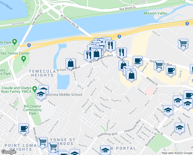 map of restaurants, bars, coffee shops, grocery stores, and more near 3921 Leland Street in San Diego