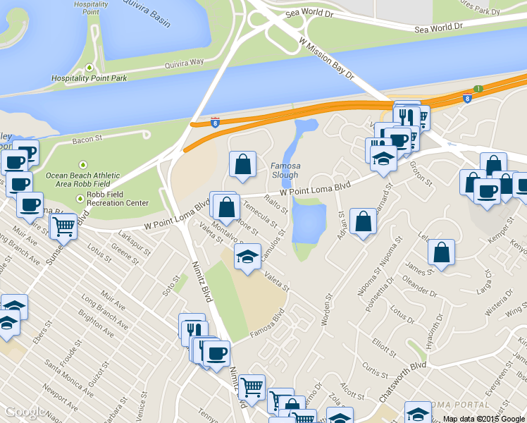 map of restaurants, bars, coffee shops, grocery stores, and more near 4359 Temecula Street in San Diego