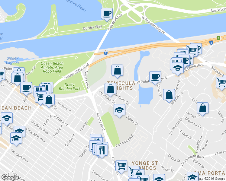 map of restaurants, bars, coffee shops, grocery stores, and more near 4411 Mentone Street in San Diego