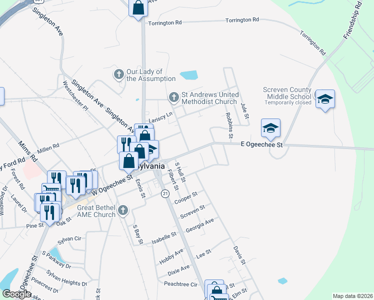 map of restaurants, bars, coffee shops, grocery stores, and more near 302 East Ogeechee Street in Sylvania