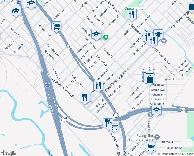map of restaurants, bars, coffee shops, grocery stores, and more near 2200 Marburg Street in Dallas