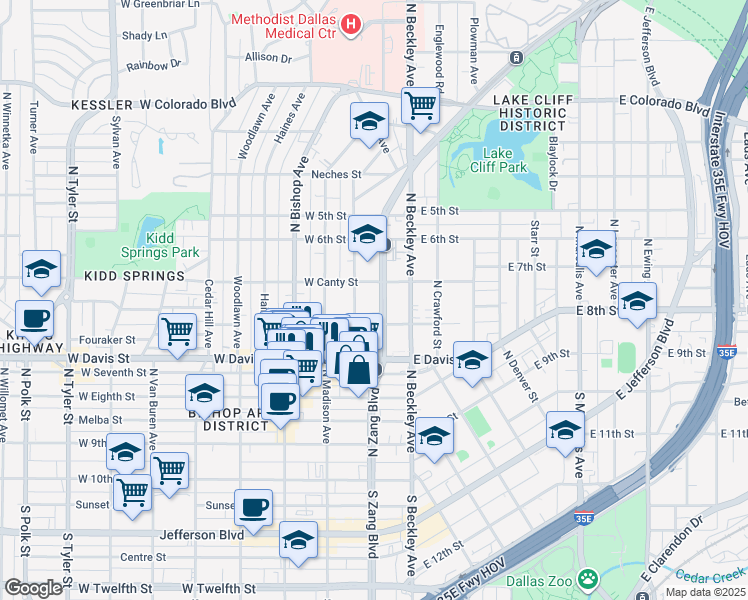 map of restaurants, bars, coffee shops, grocery stores, and more near 708 Elsbeth Street in Dallas