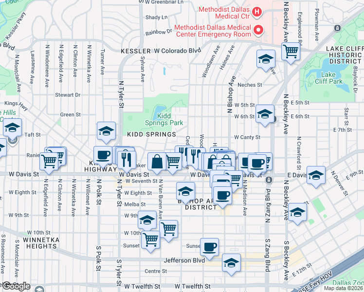 map of restaurants, bars, coffee shops, grocery stores, and more near 620 Winston Street in Dallas