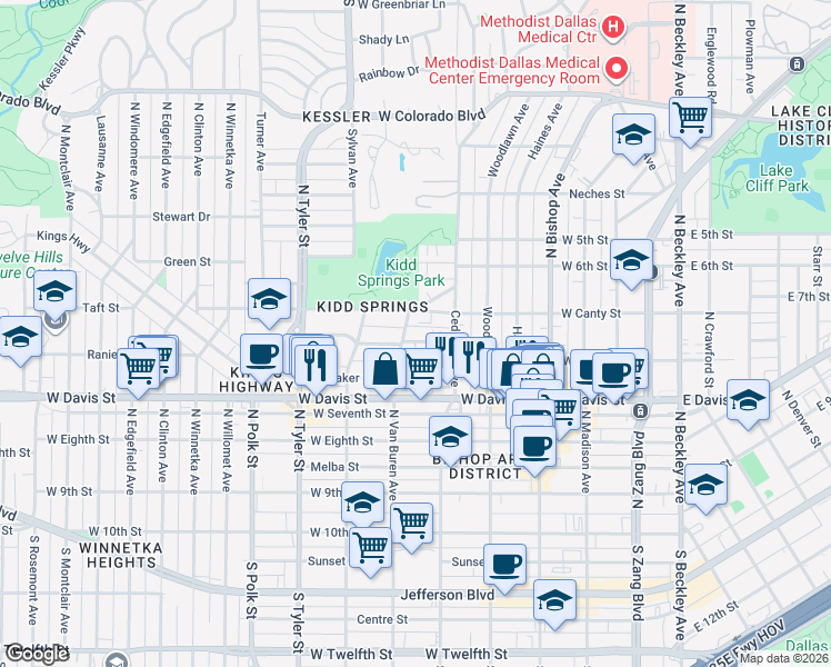 map of restaurants, bars, coffee shops, grocery stores, and more near 620 Winston Street in Dallas