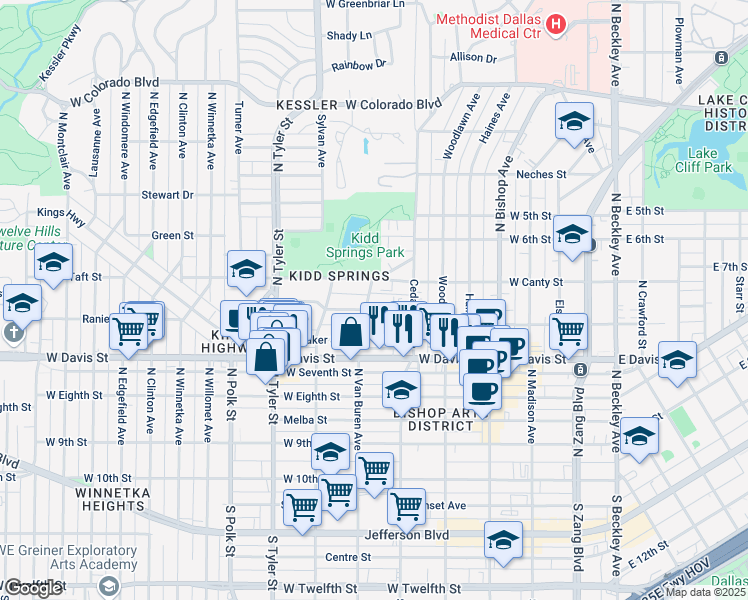 map of restaurants, bars, coffee shops, grocery stores, and more near 706 Winston Street in Dallas