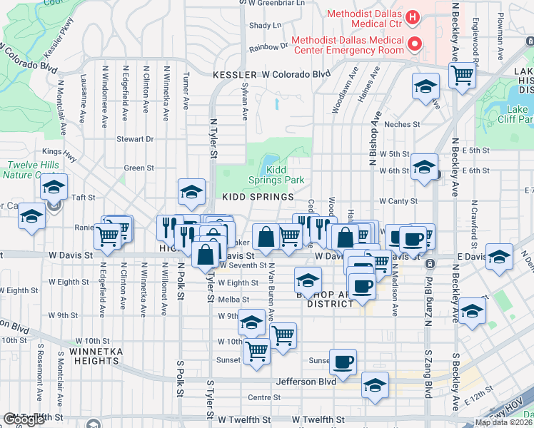 map of restaurants, bars, coffee shops, grocery stores, and more near 706 Winston Street in Dallas
