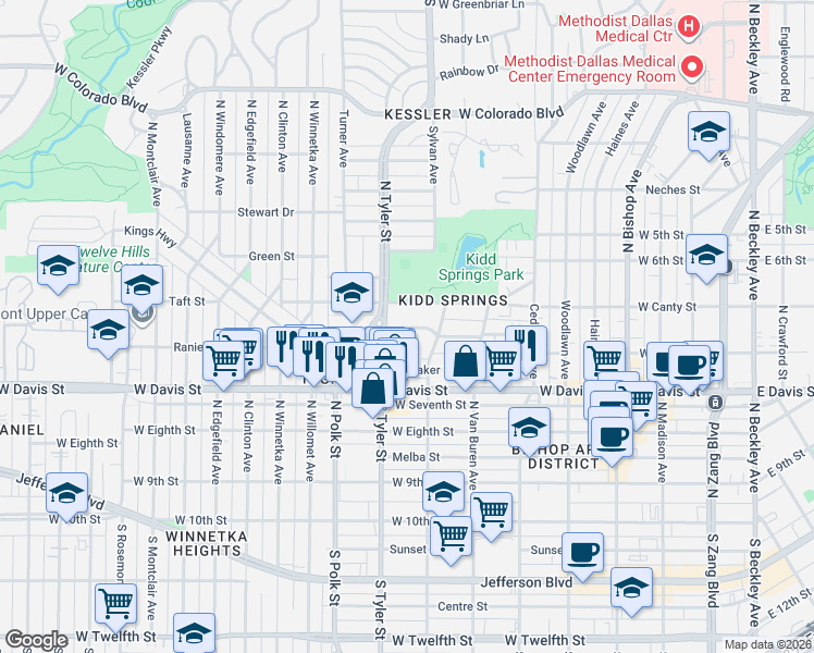 map of restaurants, bars, coffee shops, grocery stores, and more near 647 Strong Street in Dallas