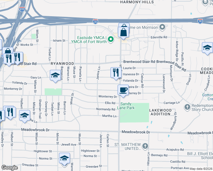 map of restaurants, bars, coffee shops, grocery stores, and more near 7329 Madeira Drive in Fort Worth