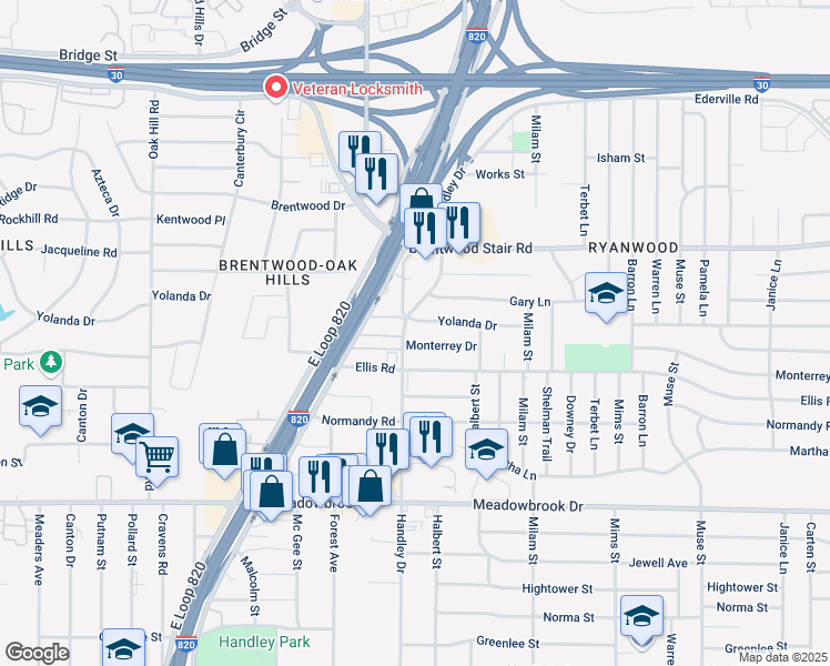 map of restaurants, bars, coffee shops, grocery stores, and more near 6560 Red Sierra Drive in Fort Worth