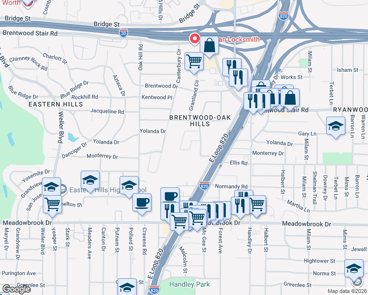 map of restaurants, bars, coffee shops, grocery stores, and more near 6404 Paradise Valley Road in Fort Worth