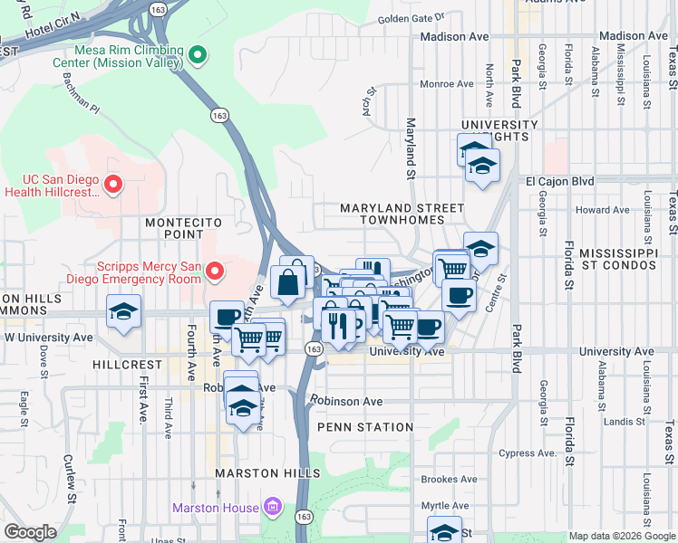 map of restaurants, bars, coffee shops, grocery stores, and more near 1068 Pascoe Street in San Diego