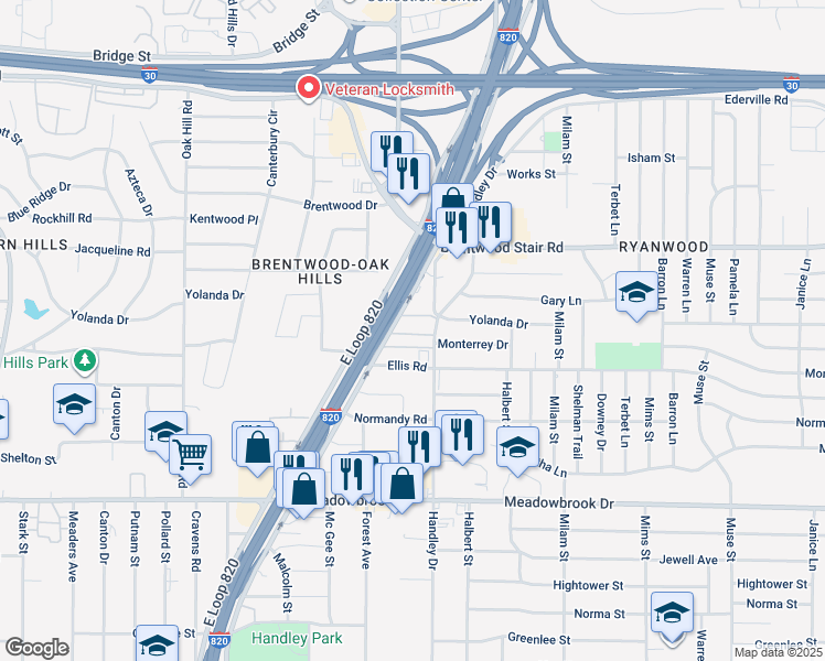 map of restaurants, bars, coffee shops, grocery stores, and more near 1900 Handley Drive in Fort Worth