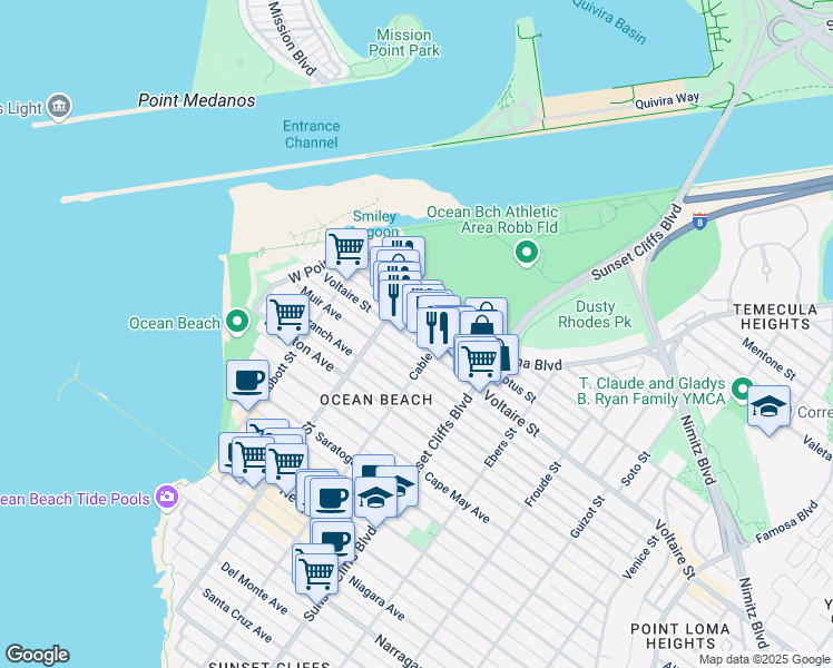 map of restaurants, bars, coffee shops, grocery stores, and more near 4948 Voltaire Street in San Diego