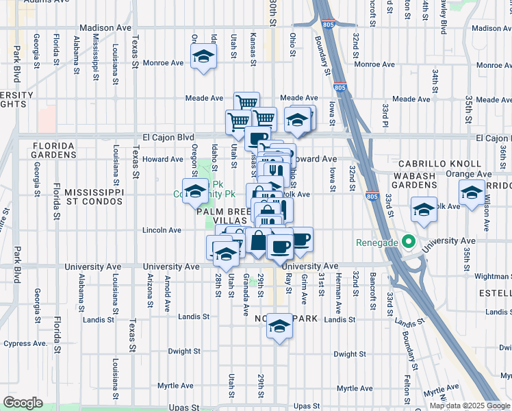 map of restaurants, bars, coffee shops, grocery stores, and more near 4067 1/2 Kansas Street in San Diego