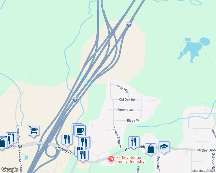 map of restaurants, bars, coffee shops, grocery stores, and more near 172 Timber Ridge Drive in Macon