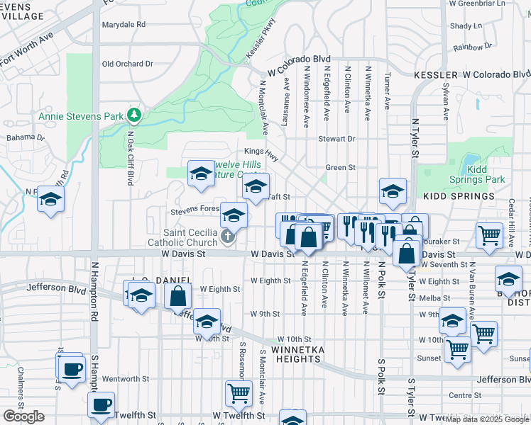map of restaurants, bars, coffee shops, grocery stores, and more near North Montclair Avenue in Dallas