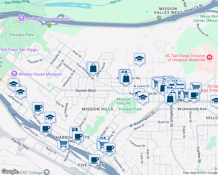 map of restaurants, bars, coffee shops, grocery stores, and more near 1797 Fort Stockton Drive in San Diego