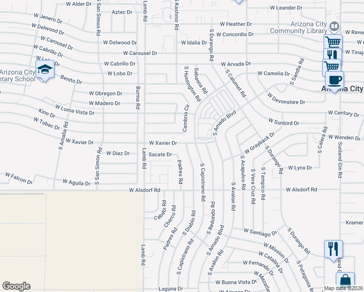 map of restaurants, bars, coffee shops, grocery stores, and more near 10968 Sacate Drive in Arizona City