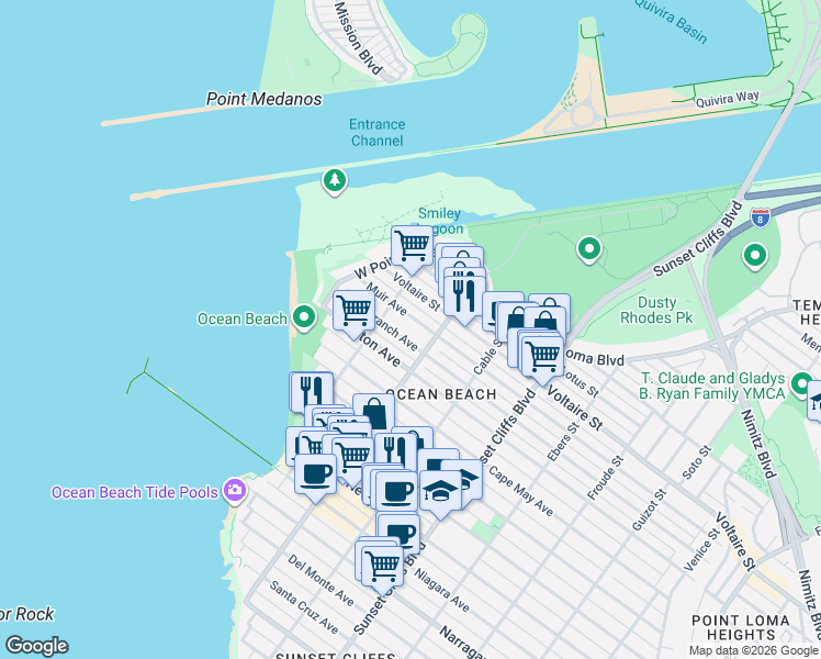 map of restaurants, bars, coffee shops, grocery stores, and more near 2136 Bacon Street in San Diego